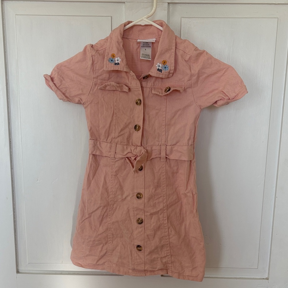 Little Lass Pink Button-Up Kids Dress with Floral Details